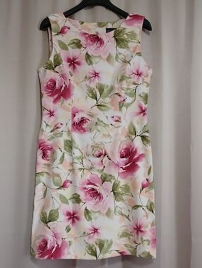 Connected Apparel Pink Green Rose Garden Floral Sleeveless Sheath Dress Size 12